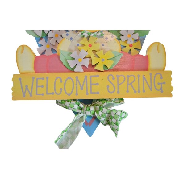 Vintage Wooden Welcome Spring Bunny Door Hanger Floral Accents Checkered Ribbon - Picture 5 of 5